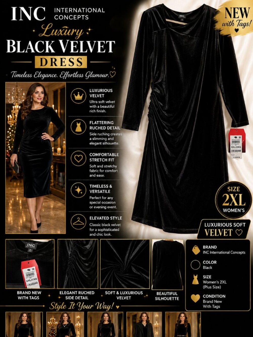 NEW INC International Concepts Black Velvet Dress Women’s 2XL Elegant